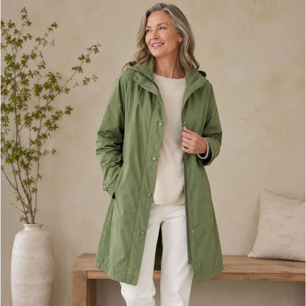Vintage L.L. Bean Rain Jacket S Petite Hooded Green Trench Windbreaker Zip Snap